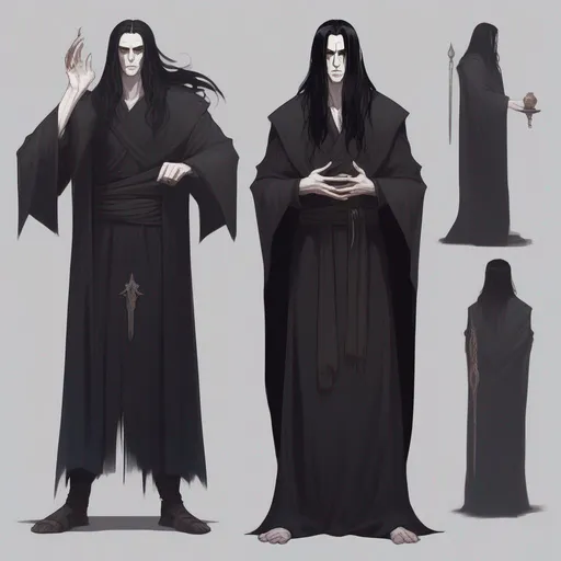 Prompt: dnd a thin and tall human man with long straight black hair and pale skin wearing a black toga god of death