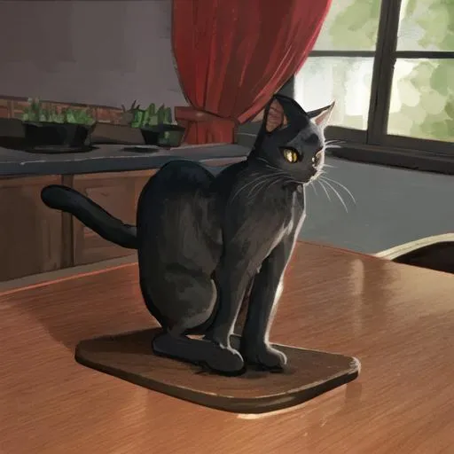 Prompt: black cat siting on a table