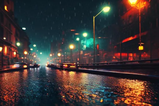 Prompt: Water on the road, city of lights, raining, traffic lights, light reflecting on water , late at night, vivid dark, colorful lighting, cinematic lighting, hyper realistic, 8k