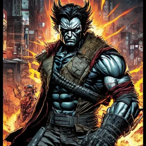 Prompt: Gritty Todd McFarlane style X-men Wolverine. Full body. Imperfect, Gritty, futuristic army-trained villain. Bloody. Hurt. Damaged. Accurate. realistic. evil eyes. Slow exposure. Detailed. Dirty. Dark and gritty. Post-apocalyptic Neo Tokyo .Futuristic. Shadows. Sinister. Armed. Fanatic. Intense. 