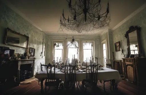 Prompt: Miss Havisham's dining room with cobwebs
