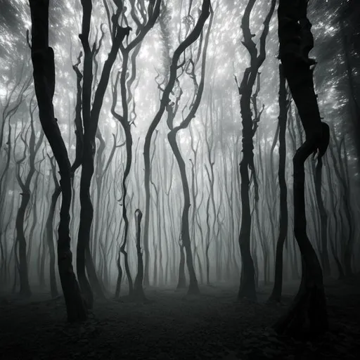 Prompt: Deep within a mysterious forest called the Whispering Woods, the trees were so close together that they blocked out the sunlight, creating an eerie darkness even during the day. 