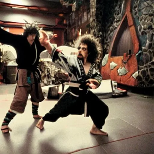 Prompt: tim burton karate fighting a ninja turtle