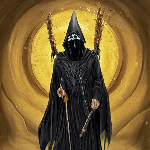 Prompt: Fantasy art of a cloaked man wearing all black in a field of yellow wheat holding a large sack on his back. The man wears a large ornate golden mask that covers his entire face. Black oil drips from his body and sack. Everything is covered in black oil. The image is centered on the man. Fantasy, D&D, MTG