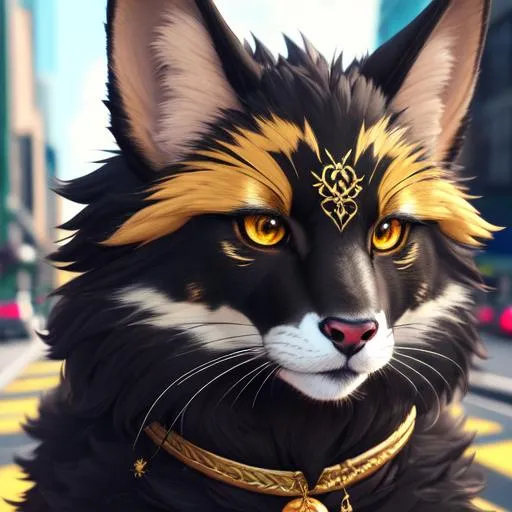 Prompt: Portrait of a fluffy anthro wyvern fursona with iridscent black fur and golden markings, with cute face, vaporwave streets, perfect composition, hyperrealistic, super detailed, 8k, high quality, trending art, trending on artstation, sharp focus, studio photo, intricate details, highly detailed