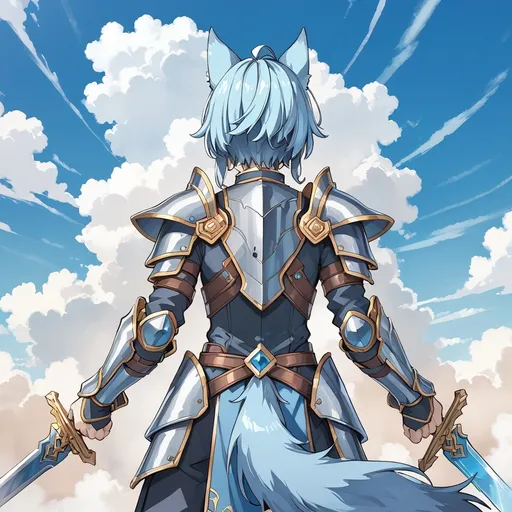 Prompt: a male anime character with blue hair, wolf ears and a sword on his back, shimmering black armor, back view, with a sky background and clouds in the background, Ay-O, sots art, official art