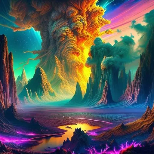 Prompt: Highly detailed fantasy planet landscape, clouds, stars, planets, waterfalls, nebulae, mystical, light shafts, massive storm cell on horizon, golden hour, erupting volcano, magenta-pink, green-cyan, dark-magenta, electric-blue, trending on artstation, beautiful, tonemapping, fantasy art, digital painting, hyperrealism, hyperdetailed, landscape, photorealistic, dramatic lighting, ray tracing, vibrant, full shot