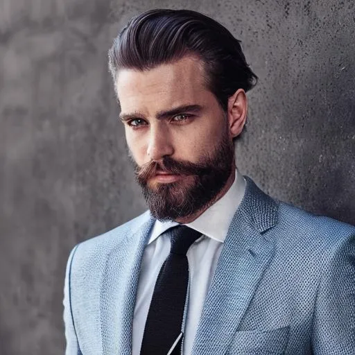 Gorgeous man, perfect eyes, thin beard, suit, two bl... | OpenArt