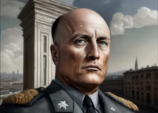 Prompt: Benito Mussolini portrait, Italy in the background, perfect composition, hyperrealistic, super detailed, 8k, high quality, trending art, trending on artstation, sharp focus, studio photo, intricate details, highly detailed, by greg rutkowski, magic the gathering, fantasy, high fantasy, dark fantasy