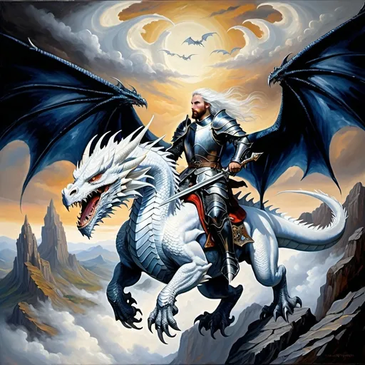 Prompt: Dragon riders Chivalric Knights in realistic oil painting, flying through the sky in combat, majestic white dragons with vibrant white scales and fur, white ethereal wings, flowing white hair, fierce expression, mythical landscapes, high fantasy, Dragon riders Chivalric Knights in realistic oil painting, flying through the sky in combat, majestic Black dragons with vibrant  dark blue metallic scales, dark ethereal wings, flowing, fierce expression, mythical landscapes, high fantasy,oil painting, vibrant colors, epic scale, detailed armor, stunning face, atmospheric lighting, professional, highres, fantasy, oil painting, dragon rider's Knights, flying, majestic, Dragon's face is bearded, ethereal, fierce expression, pale colors, high fantasy