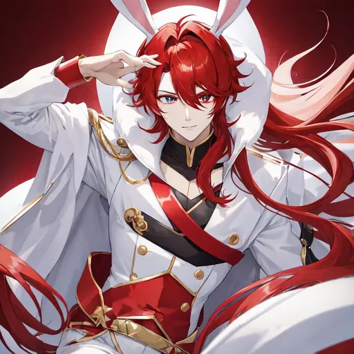 Prompt: Zerif 1male (Red side-swept hair covering his right eye) 8K, UHD, best quality, wearing a bunny suit