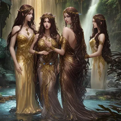 Prompt: Cinematic, Dark, Glamor, Shimmer, 3D HD Heroic Faded-Leaves and silk (Beautiful detailed face{Goddess}female with brown hair dressed as Princess), Morning, hyper realistic, 64K expansive Magical waterfall background --s99500