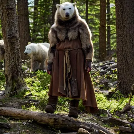 Prompt: Aerwin Bearclaw. Outcast druid. Warg, hunter. Friend of polar bears, wolves and animals. Standing on a hilltop along side wolves and bears. Nomad with animals
