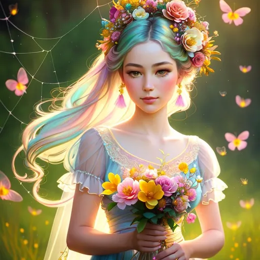 Prompt: portrait painting of a beautiful girl, style of Fragonard and Yoshitaka Amano (pastel hair decorated with flowers, messy), ropes, bright, daytime, ((daytime meadow background with light shafts)), bioluminescent, (wearing intricate frock), vines, delicate, bright colors, soft, fireflies, (((spider webs, webs))), silk, threads, ethereal, luminous, ribbons, 3D lighting, soft light, vaporwave