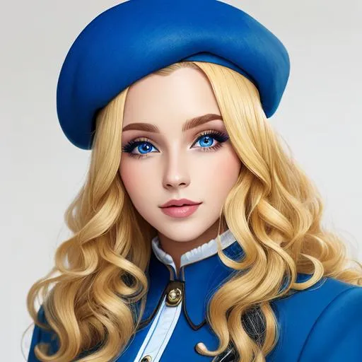 Prompt: A beautiful woman dressed in blue, long  blonde very curly hair, facial closeup, blue beret style hat