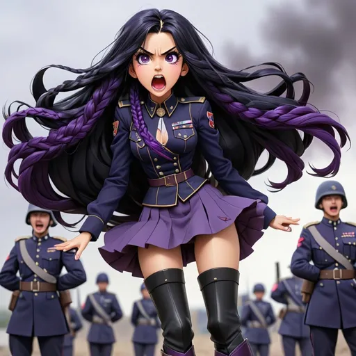 Prompt: anime, girl, detailed, long black hair with a dark purple braid, brave, beautiful, confident, high heeled boots, stylish uniform, leading charge, shouting commands to her soldiers, very detailed