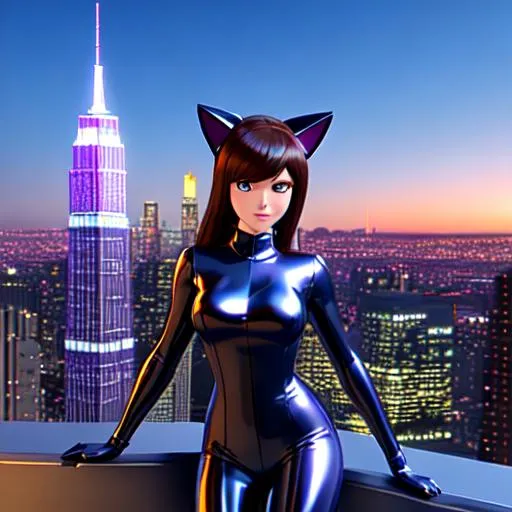 Prompt: 3d model of Elastigirl with cat ears, cat paws, cat tail, ((dynamic pose)), ((shiny metallic suit)), ((glowing eyes)), and ((city skyline backdrop)).