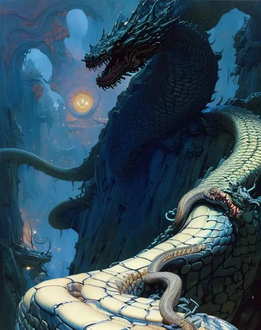 Prompt: Snake dragon , creative painting by James C. Christensen, Taro Okamoto, Gustav Klimt, Donato Giancola, frank frazetta , moebius , Paul lehr , norman rockwell , george gross , tim hildebrandt, wayne barlowe, syd mead, john harris, bruce pennington, larry elmore , philippe druillet , Tsutomu Nihei ,16k