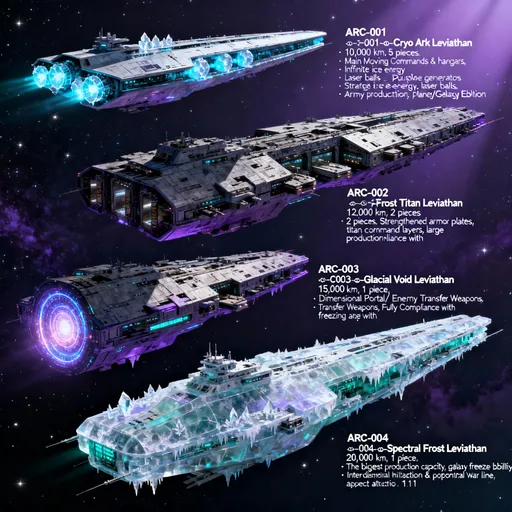 Prompt: ## D — MEGA GEMİ SINIFI (ARC SERİSİ)

> (Artırılmış fleet: ARC-001 ×5, ARC-002 ×2, ARC-003 ×1, ARC-004 ×1)

### ARC-001 — ∞-Cryo Ark Leviathan

* **Boy:** 10.000 km
* **Üretim:** 5 adet (flotilla)
* **Özellik:** Ana hareketli komuta & hangarlar; sonsuz buz enerjisi, lazer toplar, mor kasırga jeneratörleri
* **Roller:** Stratejik taşıma, ordu koordinasyon, gezegen/galaksi baskısı

### ARC-002 — ∞-Frost Titan Leviathan

* **Boy:** 12.000 km
* **Üretim:** 2 adet
* **Öz:** Güçlendirilmiş zırh plakaları, Titan komuta katmanları, büyük üretim hangarları

### ARC-003 — ∞-Glacial Void Leviathan

* **Boy:** 15.000 km
* **Üretim:** 1 adet
* **Öz:** Boyutsal portal/düşman transfer silahları (Hiçlik Boyutu gönderme), vakum/uzay şartlarına tam uyum

### ARC-004 — ∞-Spectral Frost Leviathan

* **Boy:** 20.000 km
* **Üretim:** 1 adet
* **Öz:** En büyük üretim kapasitesi, galaksi dondurma yeteneği, boyutlar arası ışınlama & OP holografik savaş hattı
