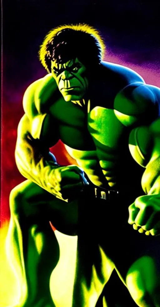 Prompt: Boris Karloff as the Incredible Hulk; by Joe Benitez; by Richard Corben; by Ariel Olivetti; in rich oil color with advanced specularity realistic fur volumetric lighting deep focus and subsurface scattering; rule of thirds; dramatic composition