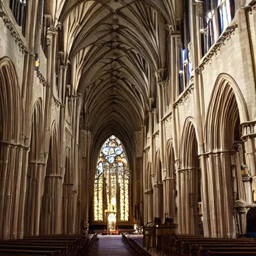 Prompt: an english cathedral with monks and knights