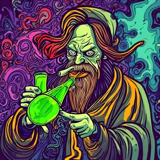 Prompt: A psychadelic artstyle. A wizard with red hair is drinking a potion like it were a beer. He is an addict to the magical potion. The potion has various bright colours. The image should look cool but be a little scary and trippy.