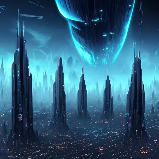 Prompt: Futuristic Tall black towers on deep dark ocean dark sky spaceships night lights hover ships dark tall city lots and lots of small floating ships hovering above clouds big planet with rings closeby spaceships hovering super tall mega skyscraper