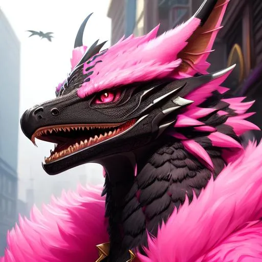 Prompt: Portrait of an anthro wyvern with striking pink fur and iridescent black markings and a cute face, liminal space streets, perfect composition, hyperrealistic, super detailed, 8k, high quality, trending art, trending on artstation, sharp focus, studio photo, intricate details, highly detailed, by greg rutkowski