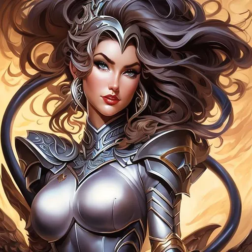 Prompt: full body pinup of a  female dungeons and dragons paladin with wild hair and with beautiful face, perfect composition,, by j. scott campbell and boris vallejo and alex ross,  graffiti art, splash art, street art, spray paint, oil gouache melting, acrylic, high contrast, colorful polychromatic, ultra detailed, ultra quality, CGSociety, depth of field, 3d render, unreal engine 5