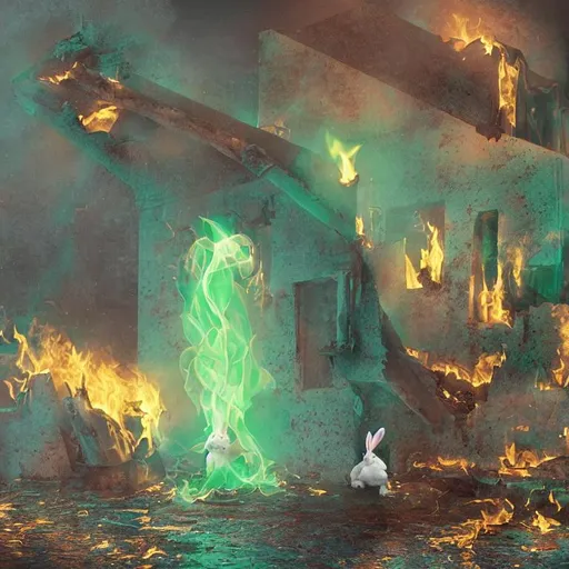 Prompt: long shot, rabbit sets church on fire, green flames, cute, dark lighting, mysterious body of water, 3d render, highly detailed