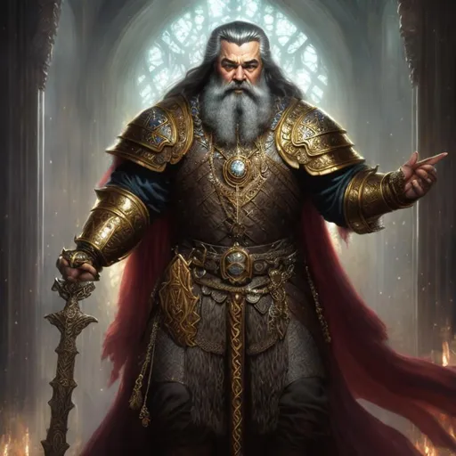 Prompt: a 4k high res ultra detailed image of a powerful and wise dwarven king is dressed in his finest medieval attire and holds a closed ancient tome covered with gold writing and jewel, Luis Royo, Amy Sol style art