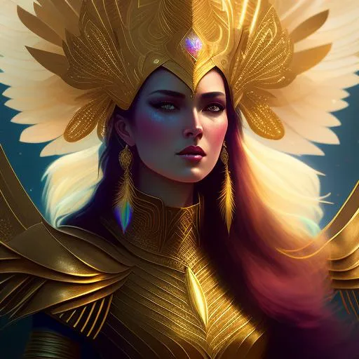 Prompt: Portrait of A beautiful harpia woman, wearing warrior Intricate legendary Golden armor, beautiful redish gradient iridescent feathers, sharp focus, intricate, majestic, highly detailed, elaborate, cinematic, digital art, lens flare, octane render, fantasy,  in the style of Peter mohrbacher, tom bagshaw, david palumbo, Jacek yerka, Robert Oxley, android Jones, Georgia O'Keeffe, Anato Finnstark