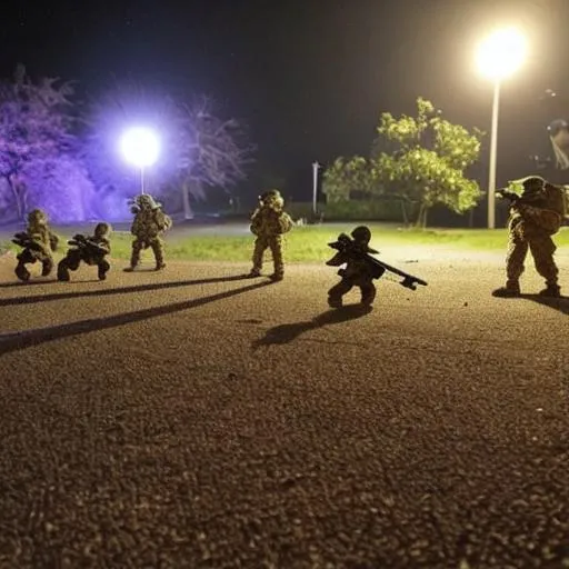 Prompt: 
A group of toy soldiers plan their invasion against a group of human soldiers in a dimly lit warzone. The toys' eyes have a menacing glow as they take aim with their plastic weapons. Toy airplanes fly overhead, dropping toy bombs on makeshift forts. In the distance, a teddy bear with a red beret leads a group of stuffed animals into battle, determined to rid the world of their human oppressors. The scene is captured on a shoddy camera, adding to the feeling that this is found footage of something truly terrifying. ((In the style of a horror movie)) ((dark and gritty)) ((low resolution)) ((handheld camera))