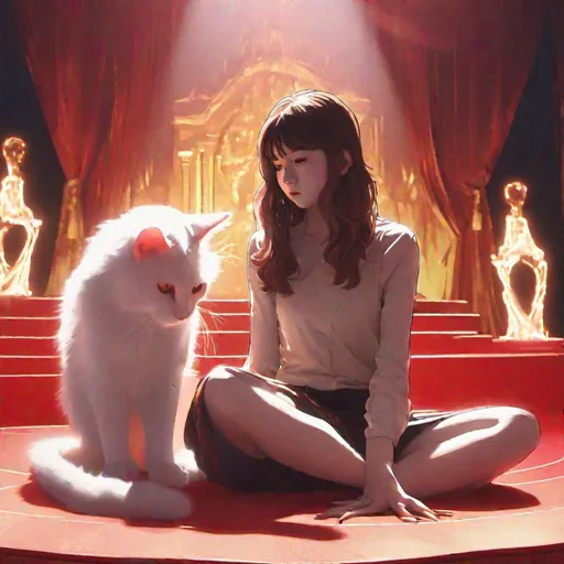 Prompt: a photo of a young human woman with shoulder length brown hair sits facing forward with her legs dangling over the edge of the red and gold lit stage, staring sadly into her lap as a transparent ghost cat approaches her from her left and touches her arm with his paw. he's transparent because he's dead. high resolution, 100k, UHD