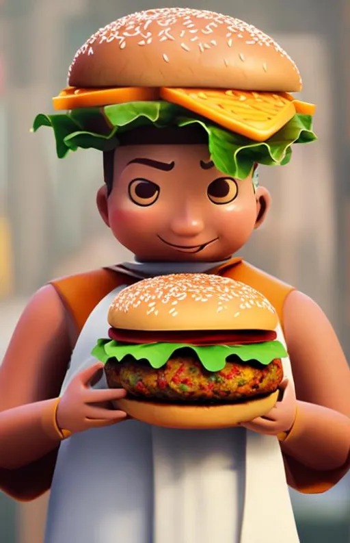 Prompt: monk holding burger character 