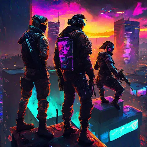 Prompt: call of duty black ops 2 squad of 3, cyberpunk theme, sat on roof top in a circle over looking the city with the sun setting, cyberpunk, trippy sky, vibrant colors, HD, 4K, professional brush work, detailed, cinematic shot, better