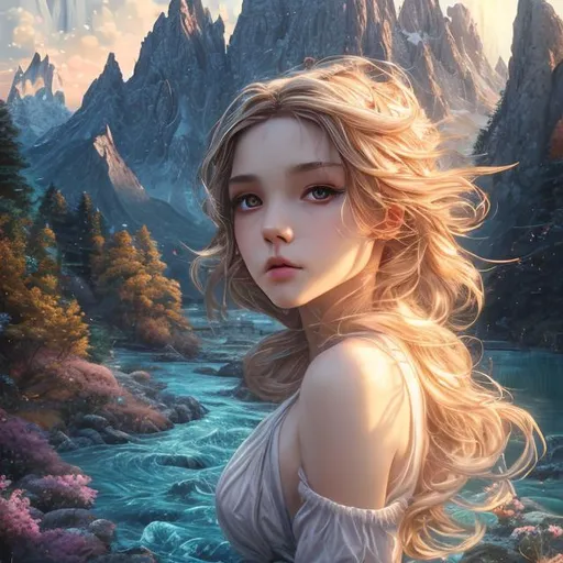 Prompt: (Masterpiece:1.1, Highly detailed:1.1), utra realistic, 4K UHD, anime style, (top quality) (depth of field), cinematic shot,goddess of olympus, mountains, rivers, instagram able, 1girl, holy light background, 2D illustration, reflactions, long hair, blonde hair, dark blue eyes, fullbody view, centered, (Epic composition, epic proportion).