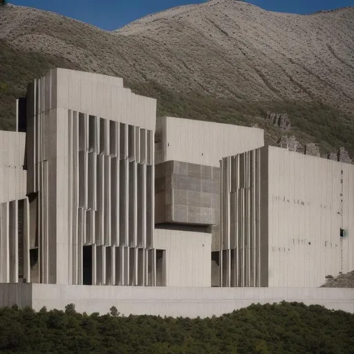 Prompt: a research facility carved into the side of a mountain, brutalist architecture