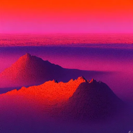 Prompt: concept art, hyperrealism, thick red sandstorm grain filter, "Warlocks and Warriors" Sprague de Camp style, aerial view, purple desert, jagged purple crag, red sky, sun hidden by sand