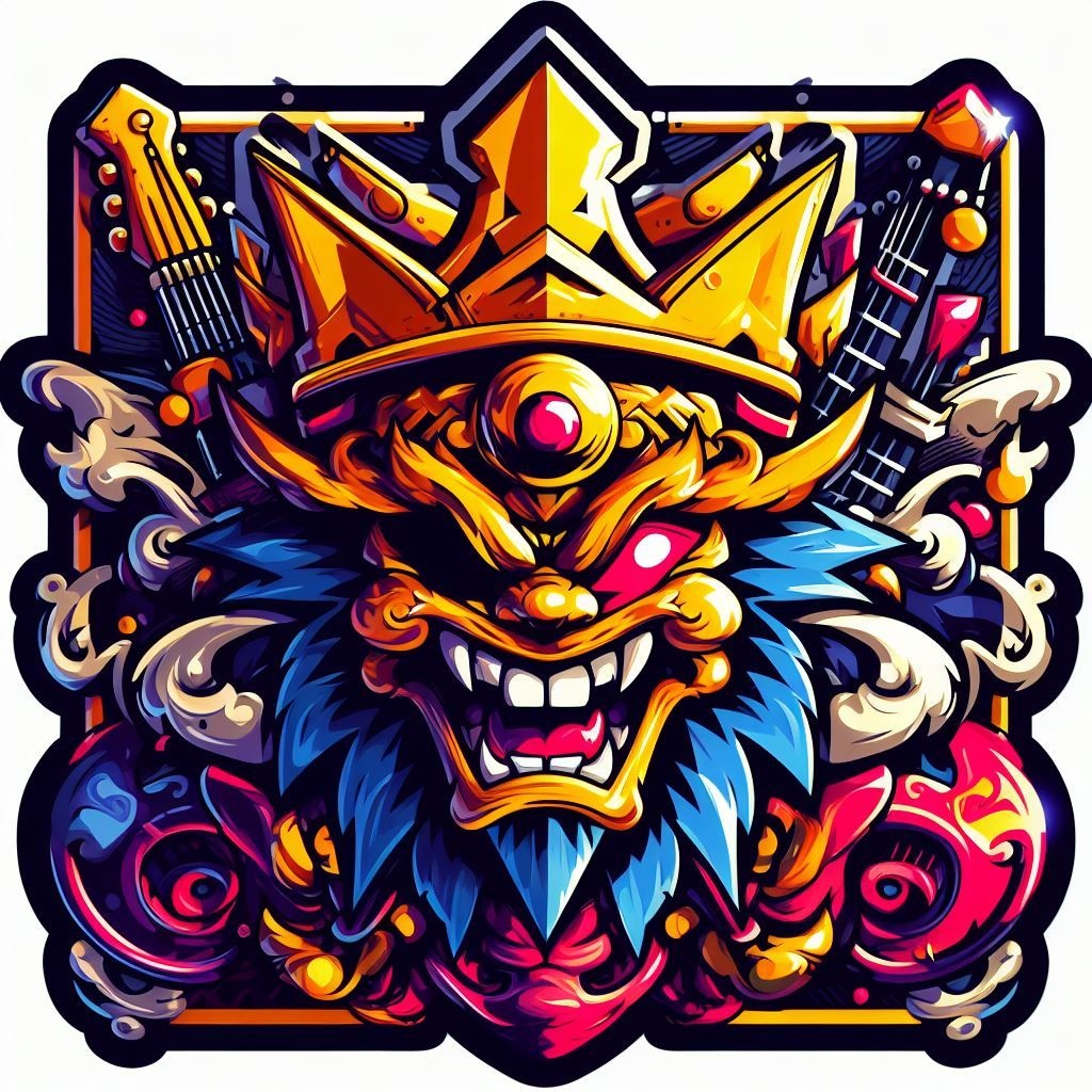 Prompt: the king, psytrance artwork, game icon asset, rugrats, graffiti elements, highly detailed saturated, squared border, stylised comic art, sticker of a rock band, trolls, listing image, app icon