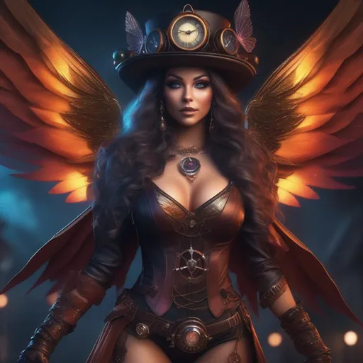 Prompt:  Wide angle, 4k, 8k, Detailed Illustration. Full body in shot. Hyper realistic painting. Photo real. A beautiful, shapely woman with immaculate hands and vividly colored, bright eyes. Shes a Steam Punk, gothic witch. A distinct Winged fairy, with a skimpy, colorful, gossamer, flowing outfit. On a picturesque Halloween night standing in a forest by a village. Concept art style. Matte painting. Epic. Cinematic