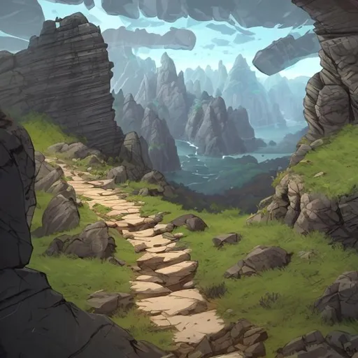 Prompt: A trail that has two outcrops on either side, dnd artstyle, high quality

