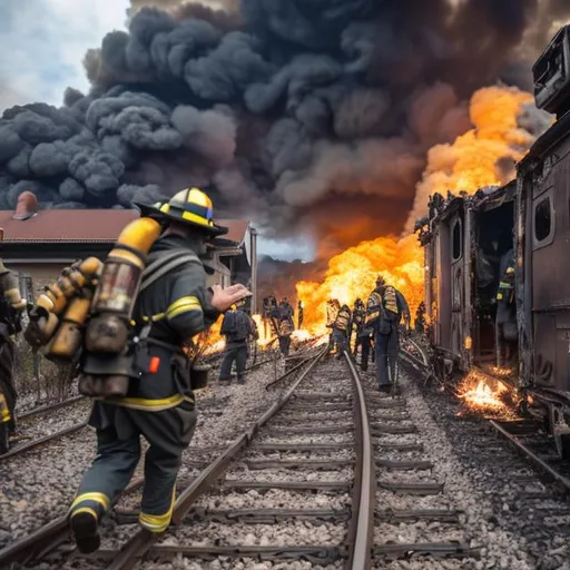 Prompt: train station on fire and people fleeing an train on fire krashes on the fired up station soldiers start putting the fire out