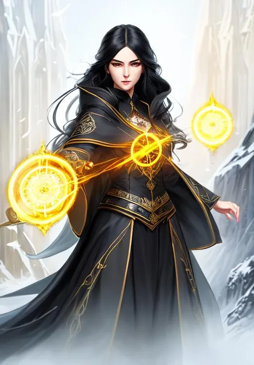 Prompt: Character concept art of a beautiful 
 and intense female sorcerer in her 30s with flowing black hair under a black cloak with bright yellow eyes wearing a fitted gray dress casting a spell. Fantasy, intricate, elegant, highly detailed, digital painting, trending on artstation, detailed face, realistic face, smooth, sharp focus, illustration art by Stanley Lau