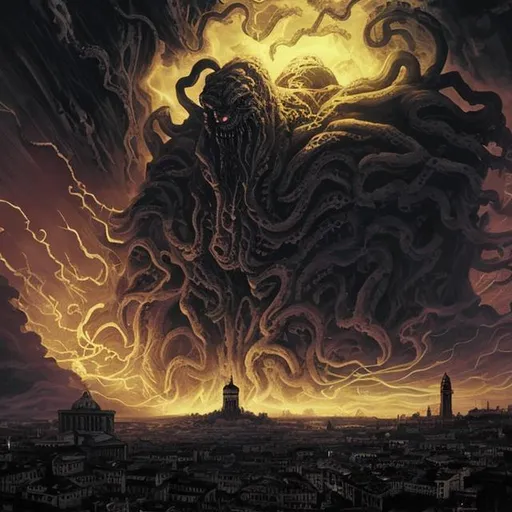 Prompt: it's Rome but in a Lovecraft story. Seen by the sky.
With darkness in form of black fog that envelope the city and shadow all around.
The shape of a big monster, with claws dangerous on the city, it is on the background behind the cloud and thunder creates spot of light.
Look like a Dave McKean artstyle but colored by Marvel artist