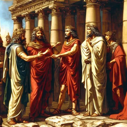 Prompt: Priam, the King of Troy, and Hector, accept the surrender of Agamemnon and Menelaus