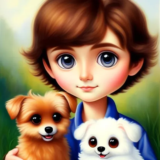 Prompt: Margaret D. H. Keane painting style of brown hair boy with big eyes holding a white fluffy dog with big eyes