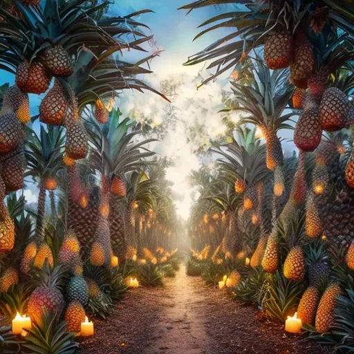 Prompt: "Craft a fantastical scene featuring an enchanted pineapple grove in a mystical forest. Picture the pineapples as radiant orbs emitting a soft, ethereal glow, with each one possessing a unique magical ability. The pineapple trees stand tall like ancient wizards, their branches adorned with sparkling pinecone-like fruits that can grant wishes to those who dare to pluck them. Amidst this enchanted grove, imagine whimsical creatures like pineapple-sprite fairies, miniature guardians of the magical fruit, fluttering about and spreading joy. Show us this captivating world where pineapples hold the key to enchantment and wonder!"