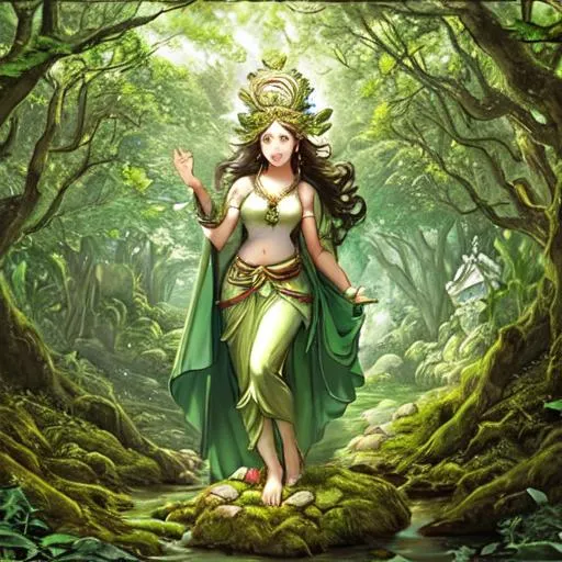 Prompt: A young goddess in a green forest in a village 