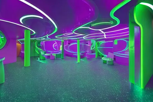 Prompt: luminal rounded space room with shiny reflective floors. neon violet and neon green